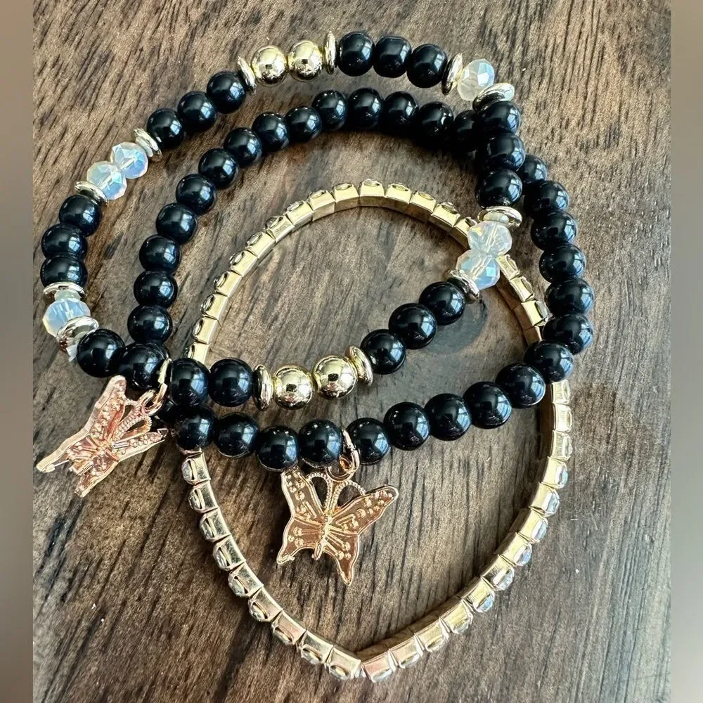 NWT- 4pc Beaded Bracelet Boho Style Butterfly Charm Adjustable Black Silver Gold